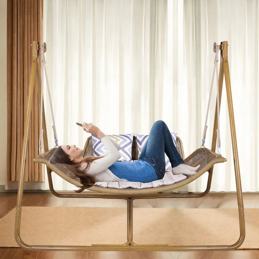 Hammock Swing Chair With Stand For Indoor,Outdoor, Anti-Rust Wood-Colored Frame 570 Lbs Capacity With Cushion Oversized Double H