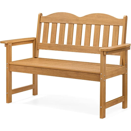 Outdoor Bench, 2-Person Poly Lumber Garden Bench with 800 lbs Weight Capacity, All-Weather Patio Bench with Armrests and Backres