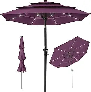 10ft 3-Tier Solar Patio Umbrella, Outdoor Market Sun Shade for Backyard, Deck, Poolside w/ 24 LED Lights, Tilt Adjustment, Easy