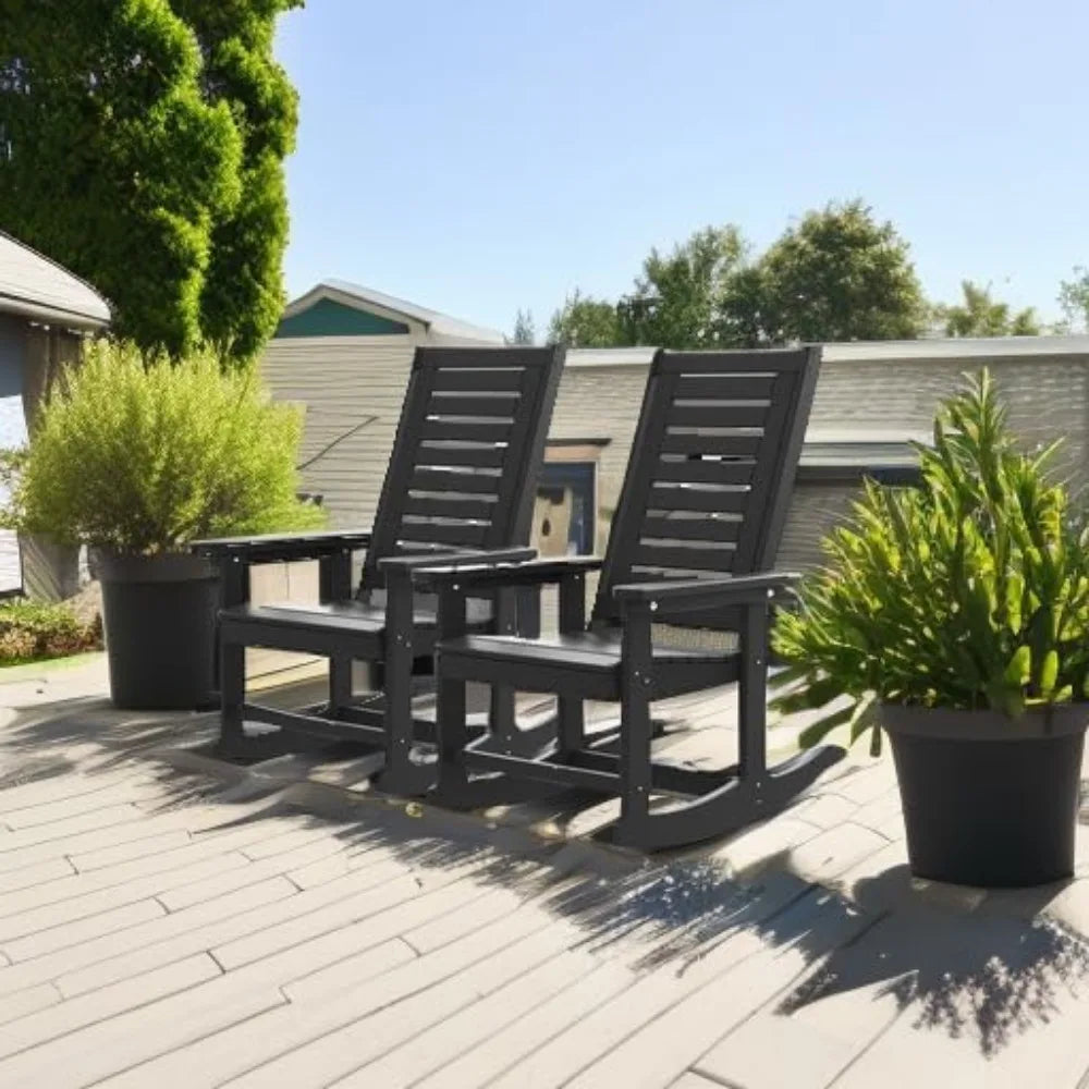 Outdoor Rocking Chairs Set of 2 | Porch Rocker HDPE Plastic | Black Oversized Rockers High Back Big & Tall