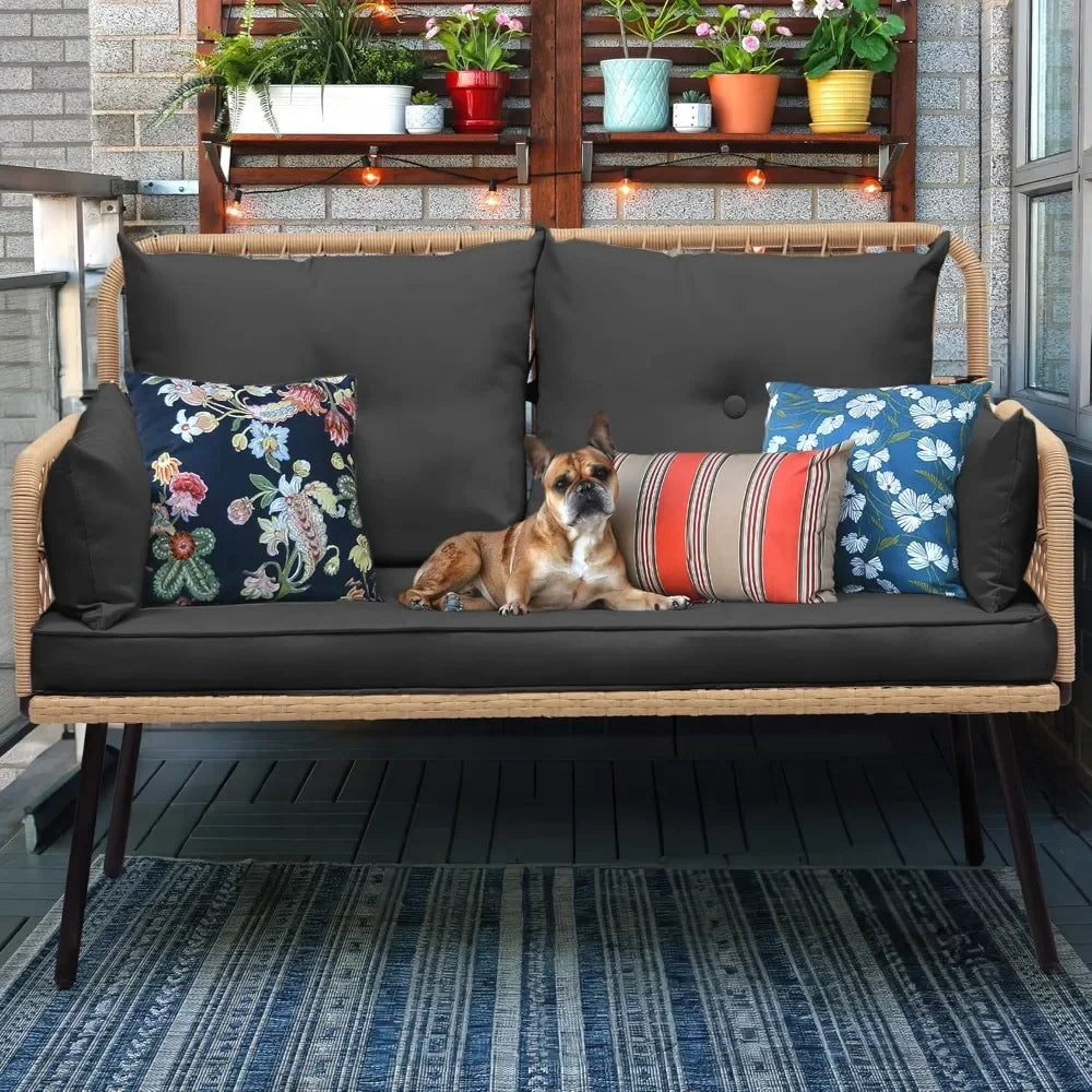 Outdoor chair, Outdoor Rattan Loveseat, Two-Seater Loveseat with Handwoven Rattan and Cushions, Ideal for Backyar, Balcony
