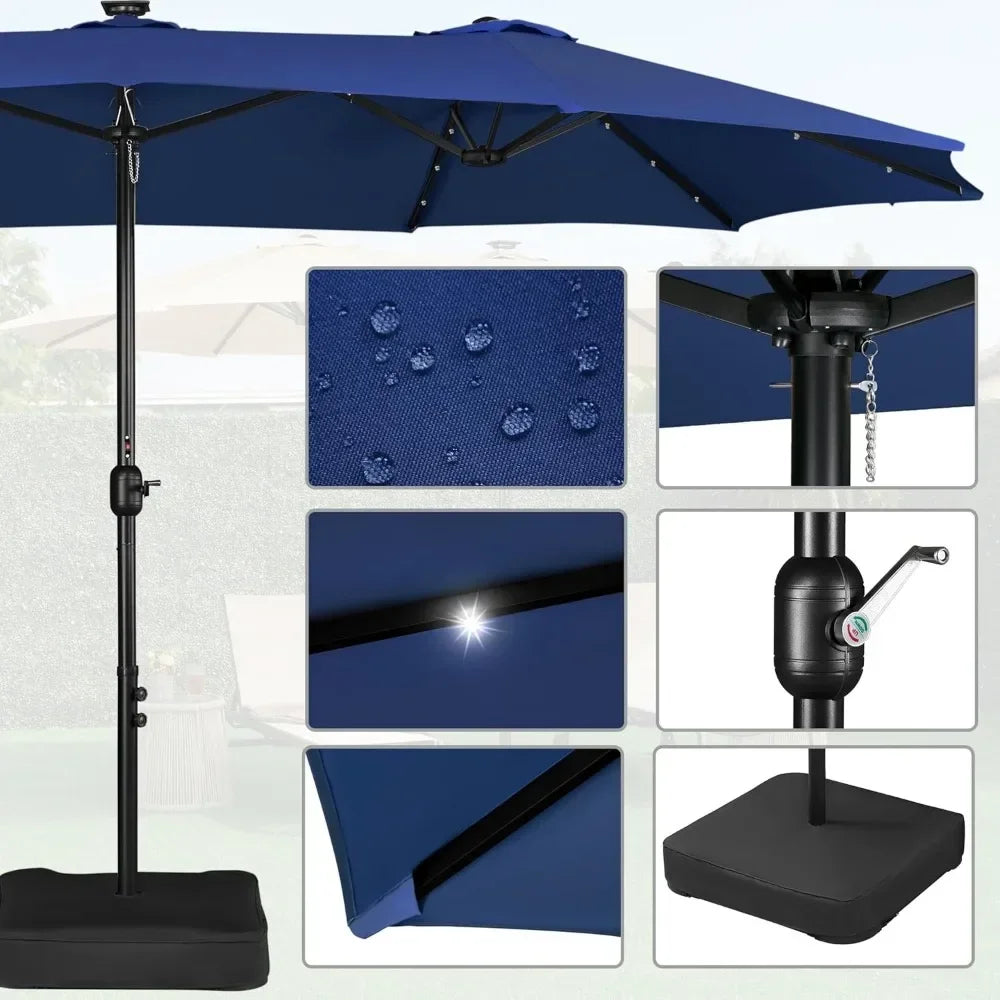 15 ft Large Patio Umbrella with Solar Lights Double-Sided Outdoor Rectangle Market Umbrellas with 36 LED Lights/Base Included
