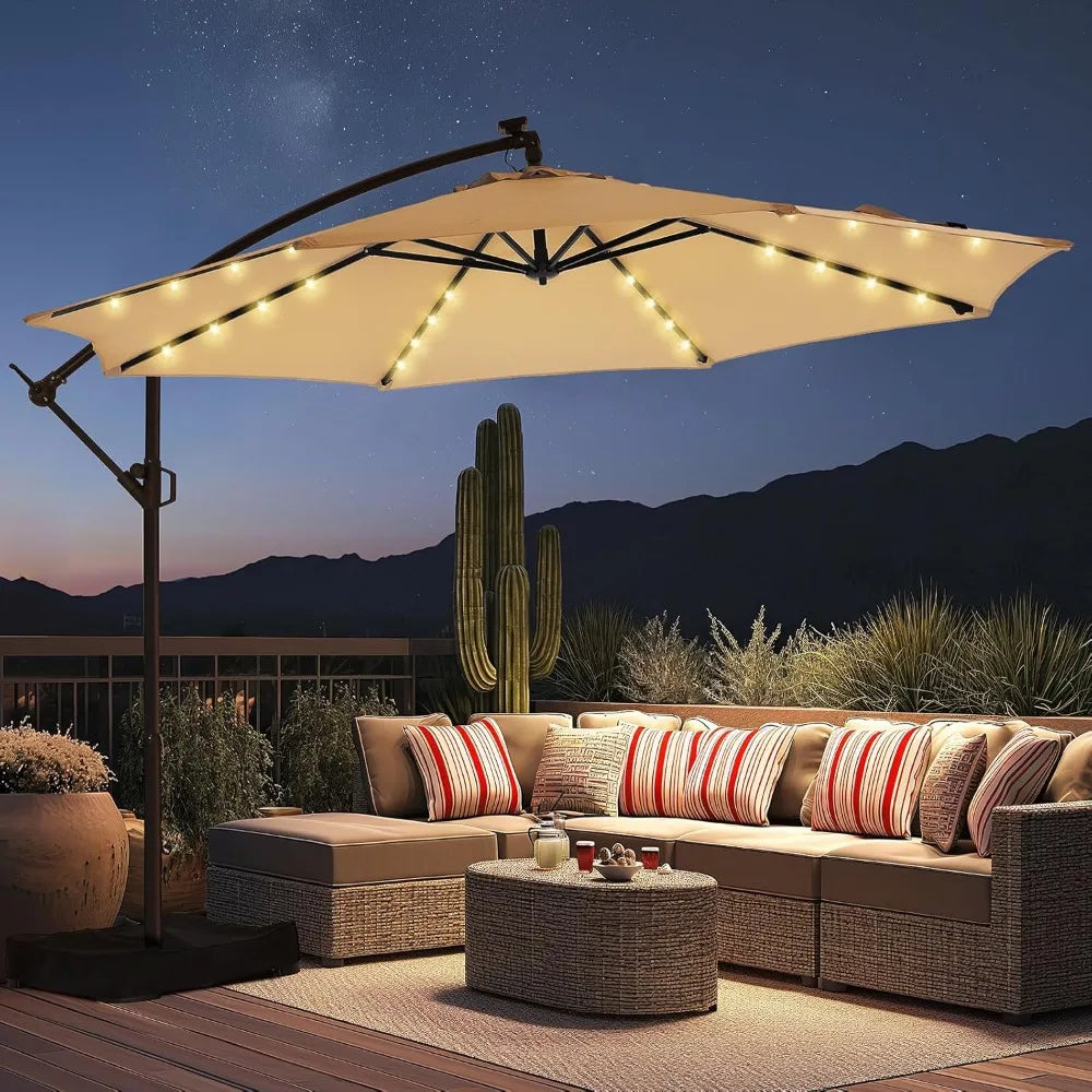 10ft Solar Lights Offset Cantilever Patio Umbrella- with Light and Base,LED Lighted Offset Hanging Patio Outdoor Market Umbrella