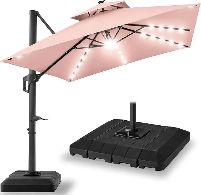 10x10ft Cantilever Patio Umbrella w/Base Included, Solar LED Lights 360 Rotation Large Offset Hanging Outdoor Shade for Deck Po