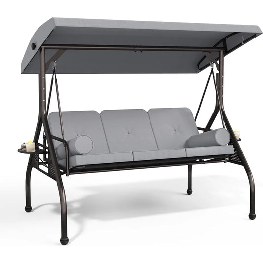 3-Seat Patio Swing Chair, Outdoor Porch Swing with Cushions,Pillows & Cup Holders, Adjustable Canopy Outside Bench Swing for Ba
