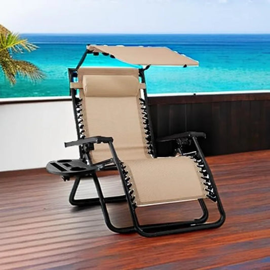 Folding Zero Gravity Outdoor Recliner Patio Lounge Chair w/Adjustable Canopy Shade, Headrest, Side Accessor