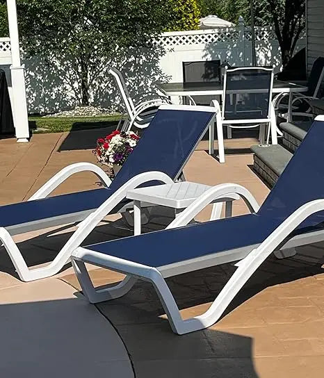 Patio Chaise Lounge Chair Set Outside Aluminum Plastic Stackable Tanning Chairs with Armrests and Side Table for Pool Sunbathin