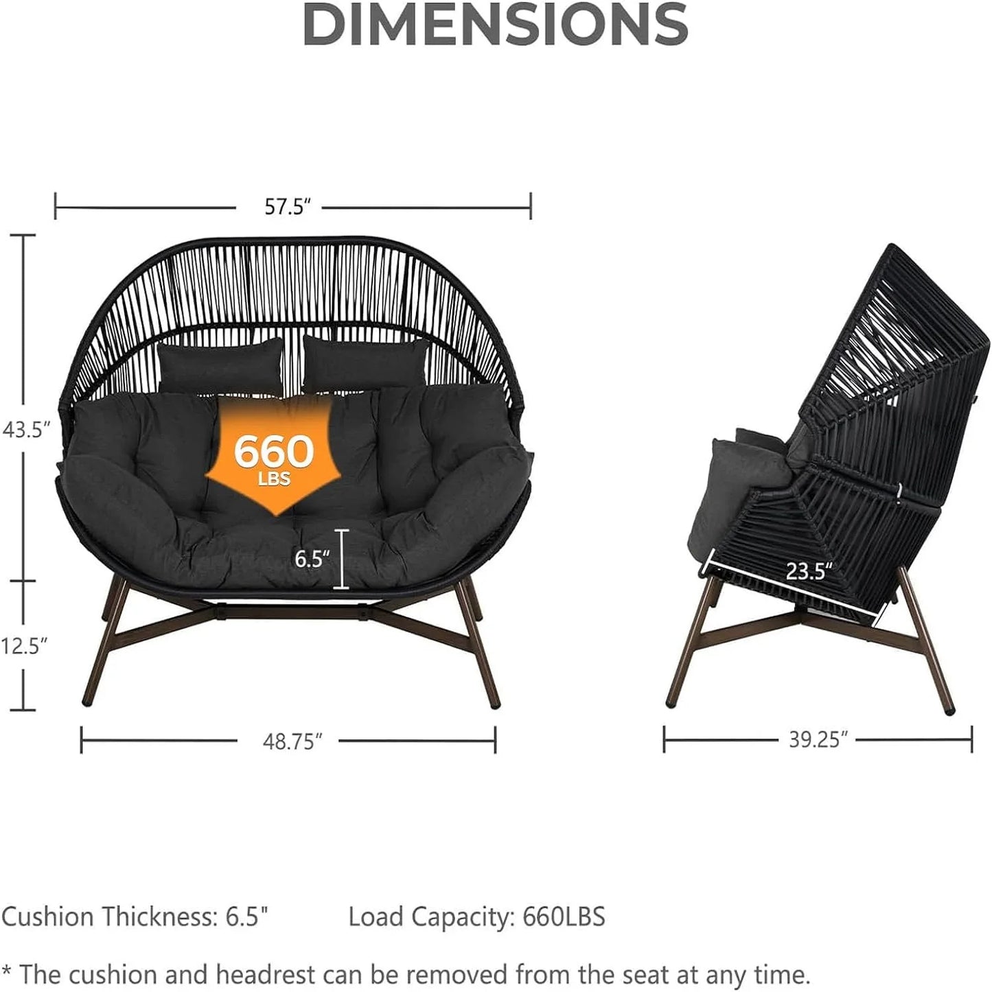 Outdoor Oversize 2-person Chair,Modern Garden 2-Seat Wicker Egg Chair with Cushion, Stationary Patio Loveseat Accent Chair