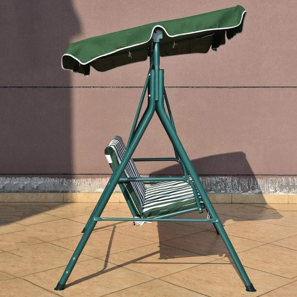 Outdoor 2-Person Canopy Swing Chair Bench,Steel Frame Garden Convertible Loveseat Hammock with Seat and Back Cushion (Green)
