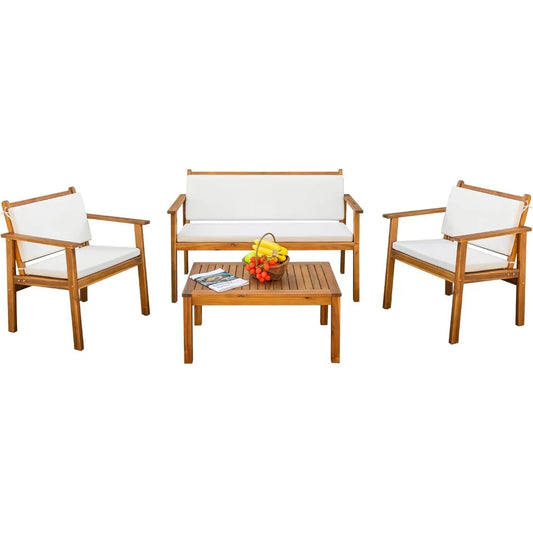 Patio Furniture 4 Piece Acacia Wood Outdoor Conversation Sofa Set with Table & Cushions Porch Chairs for Garden, Deck, Backyard