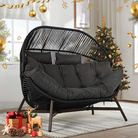 Outdoor Oversize 2-person Chair,Modern Garden 2-Seat Wicker Egg Chair with Cushion, Stationary Patio Loveseat Accent Chair