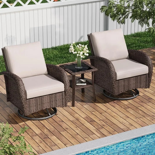 3 Pieces Rattan Wicker Patio Furniture Set,Outdoor Swivel Chairs Set of 2 with Table,Patio Bistro Conversation Sets with Temper