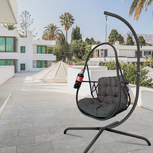 Swing Egg Chair with Stand Indoor Outdoor Wicker Rattan Patio Basket Hanging Chair with C Type bracket , with cushion and pillow