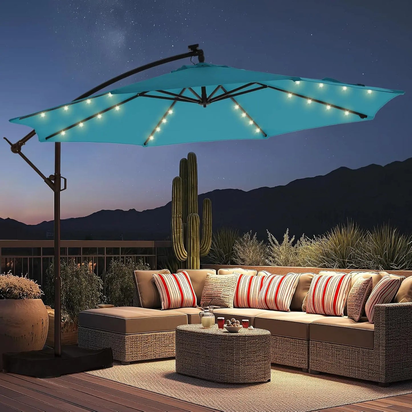 10ft Solar Lights Offset Cantilever Patio Umbrella- with Light and Base,LED Lighted Offset Hanging Patio Outdoor Market Umbrella