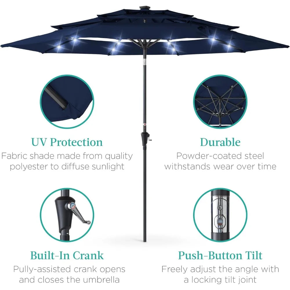 10ft 3-Tier Solar Patio Umbrella, Outdoor Market Sun Shade for Backyard, Deck, Poolside w/ 24 LED Lights, Tilt Adjustment, Easy