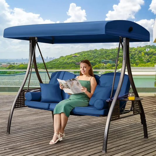 3 in 1 Outdoor Porch Swing with Adjustable Canopy, 3 Seat Outdoor Swing for Adults, Patio Swing Chair with Thickened Cushions,Pi