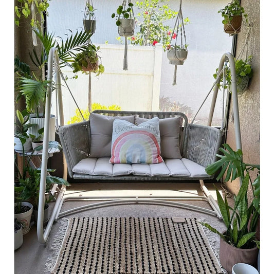 2-Seat Cloud Swing Chair with Stand Patio Wicker Bench Glider Loveseat Hanging Swinging for Indoor Outside Backyard Garden Outd