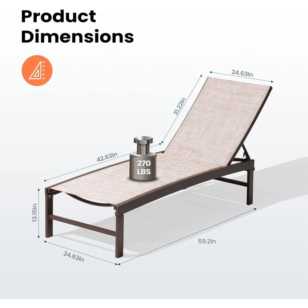 Outdoor Lounge Chair, Patio Aluminum Frame Chaise Lounge with Adjustable Backrest, Rustproof Pool Lounge Chairs for