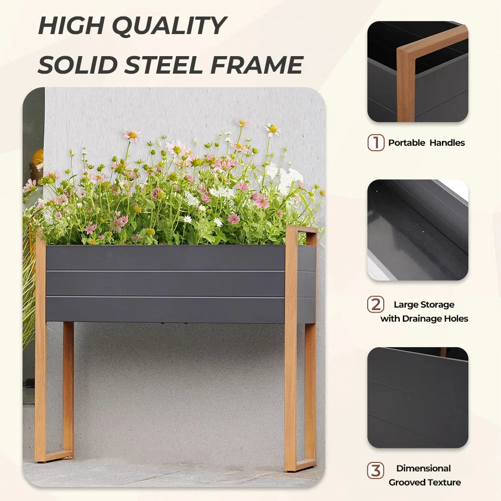Metal Raised Garden Bed, Outdoor Raised Planter Box with Woodgrain Finish, Elevated Planter Box