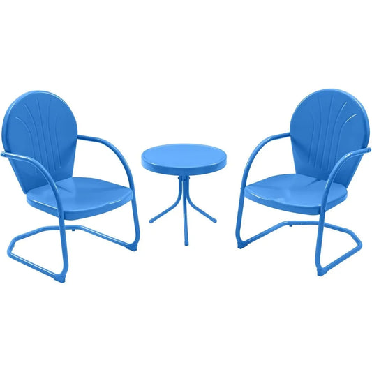 Patio Bistro Set Retro Metal Outdoor Seating Conversation 3 Pieces, 2 C-Spring Motion Armchairs and Round Side Table