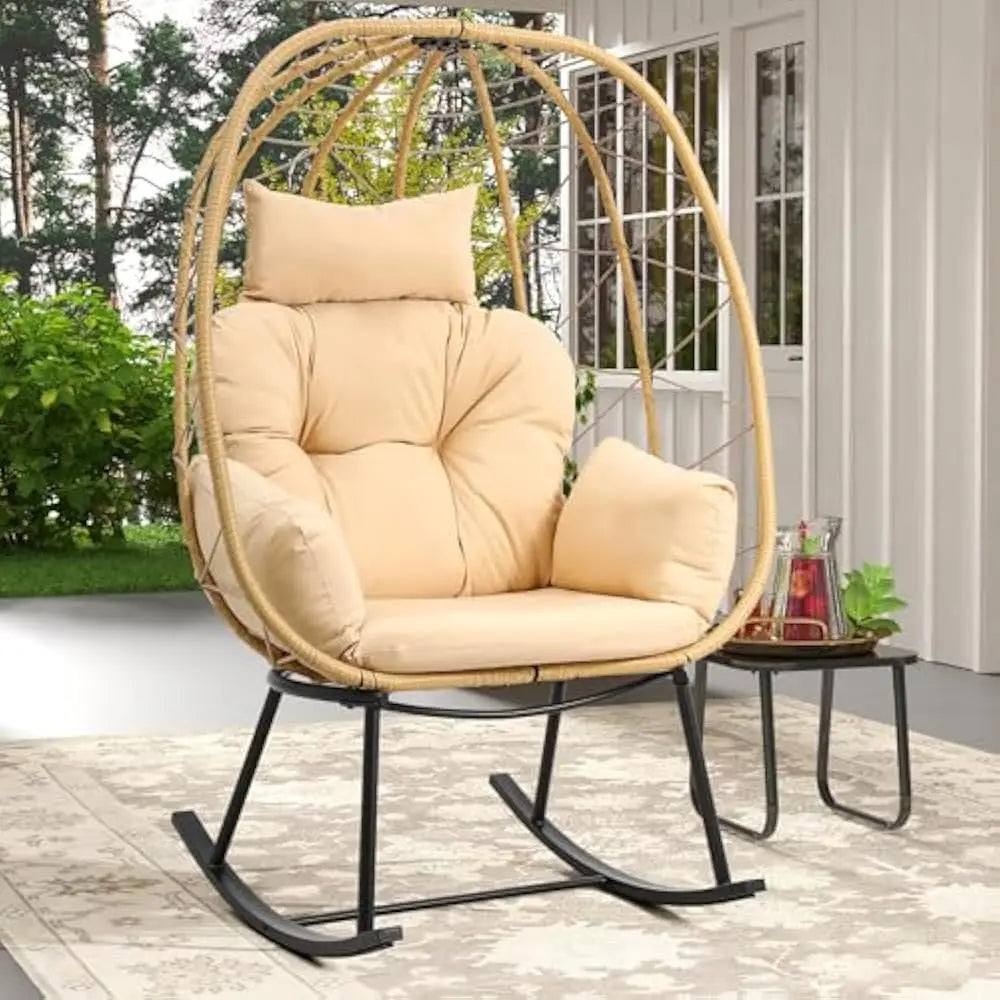 Wicker Rocking Egg Chair, Rattan Rocking Chairs, Indoor/Outdoor Lounger for Patio, Backyard, Living Room, Garden Egg Chair