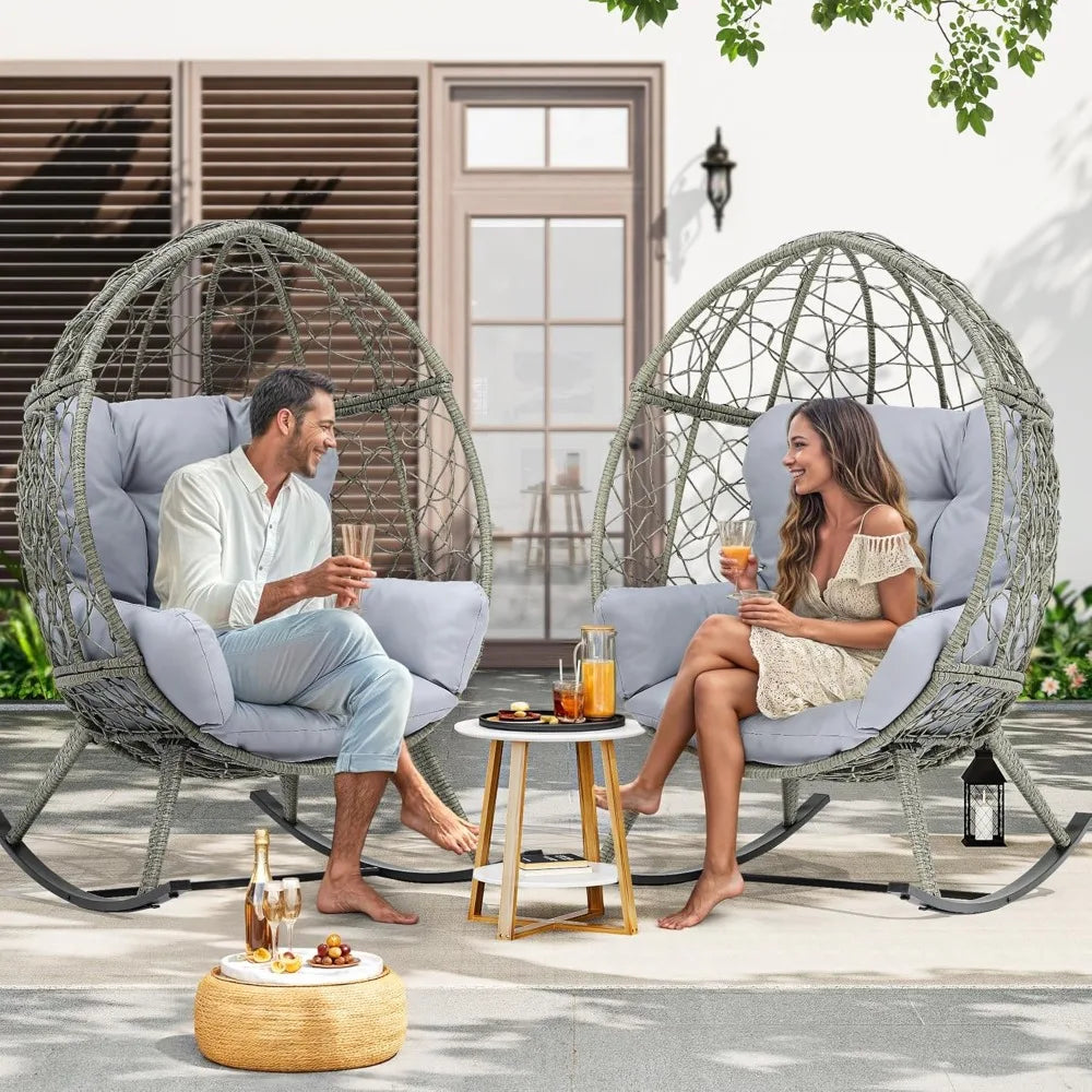 Outdoor Rocking Egg Chair with Cushioned Comfort, Wicker Patio Rocker 250lb Capacity, Anti-Slip, All-Weather Resilient