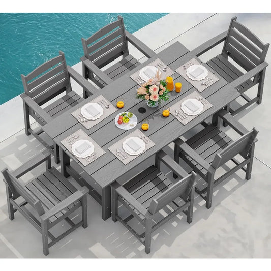 Outdoor HDPE Dining Table Set, 7-Piece Outdoor Dining Table Sets with Umbrella Hole Cut-Out Table and 6 Chairs, Gray