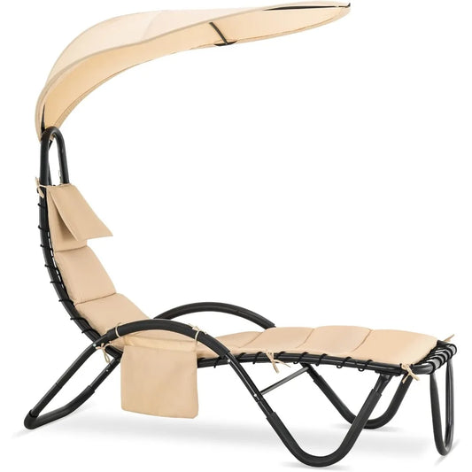 Outdoor Steel Chaise Lounge Chair with Removable Canopy and Cushions, Reclining Chair w/Side Pocket Arc Stand, for Beach