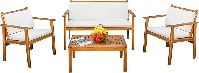 Patio Furniture 4 Piece Acacia Wood Outdoor Conversation Sofa Set with Table & Cushions Porch Chairs for Garden, Deck, Backyard