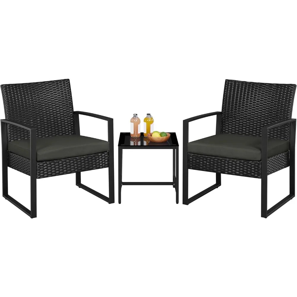 3 Pieces Rattan Bistro Set, Indoor/Outdoor Wicker Patio Modern Conversation Furniture, 2 Chairs & Tempered Glass Coffe Table