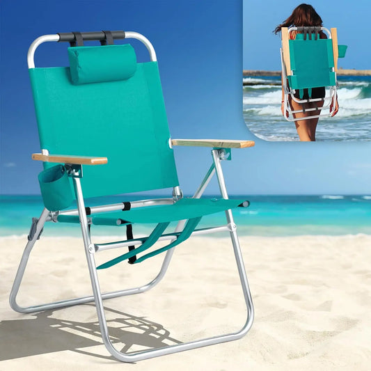 Aluminum Backpack Beach Chair – Tall Beach Chairs for Adults, Portable with Adjustable Straps, 3-Position Reclining, Cup Holder,