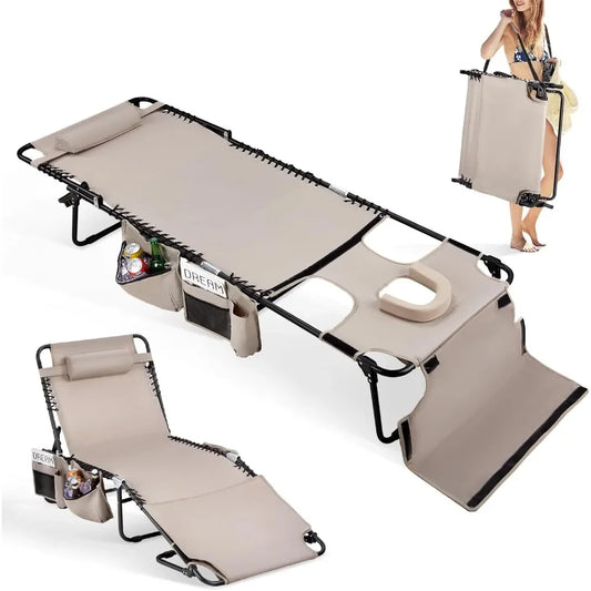 Oversized Tanning Chair with Face Hole & Carrying Bag, Beach Lounge Chair Outdoor for Adults, Folding Lounge Chair