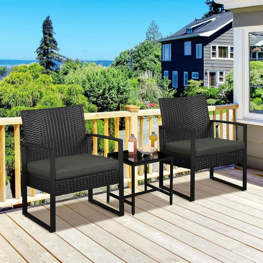 3 Pieces Rattan Bistro Set, Indoor/Outdoor Wicker Patio Modern Conversation Furniture, 2 Chairs & Tempered Glass Coffe Table
