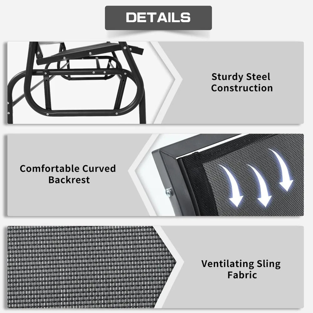 Patio Outdoor Glider Bench, High Backrest and Breathable Mesh Fabric, Yard Porch Loveseat, Outside Rocking Swing Chair