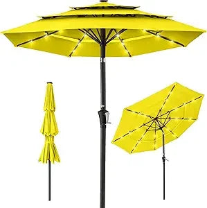 10ft 3-Tier Solar Patio Umbrella, Outdoor Market Sun Shade for Backyard, Deck, Poolside w/ 24 LED Lights, Tilt Adjustment, Easy